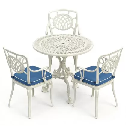 3 kişilik yuvarlak döküm masa ay figürlü sandalye takımı beyaz