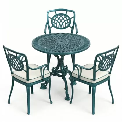 3 kişilik yuvarlak döküm masa ay figürlü sandalye takımı turkuaz