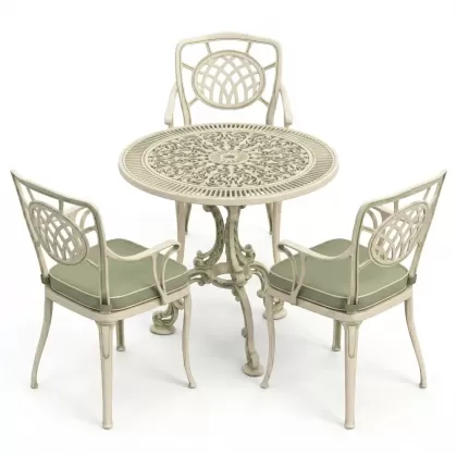 3 kişilik yuvarlak döküm masa ay figürlü sandalye takımı yeşil beyaz patina