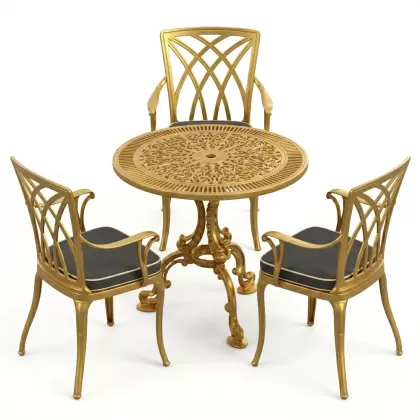 3 kişilik alümünyum döküm ferforje masa seti gold altın