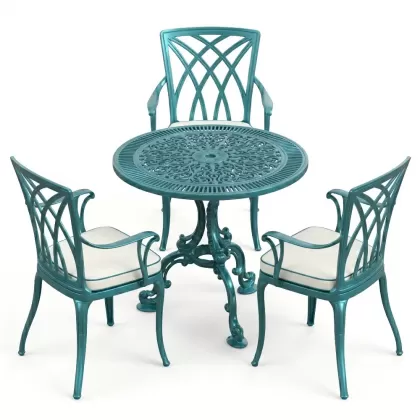 3 kişilik alümünyum döküm ferforje masa seti turkuaz