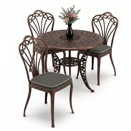 Yuvarlak Masa E:90 x D:90  x Y: 73 cm  3 Kişilik alüminyum döküm masa ve sandalye takımı (Mindersiz Fiyatı) 1