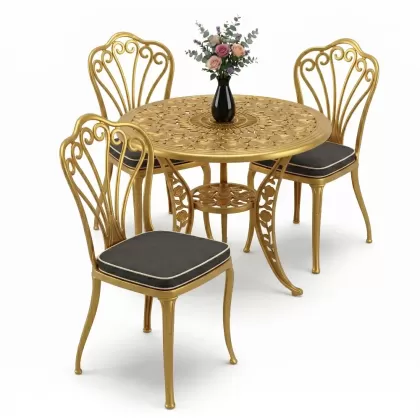 Yuvarlak Masa E:90 x D:90  x Y: 73 cm  3 Kişilik alüminyum döküm masa ve sandalye takımı (Mindersiz Fiyatı) 3