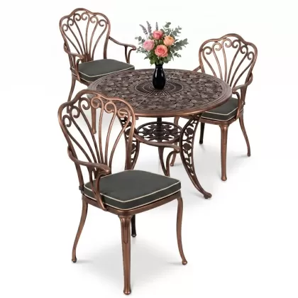 3 kişilik yuvarlak ferforje masa döküm tavuskuşu motifli sandalye takımı bakır eskitme