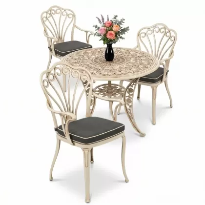 3 kişilik yuvarlak ferforje masa döküm tavuskuşu motifli sandalye takımı beyaz eskitme