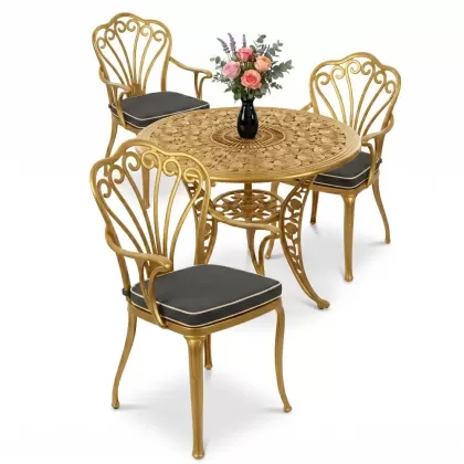3 kişilik yuvarlak ferforje masa döküm tavuskuşu motifli sandalye takımı altın Gold