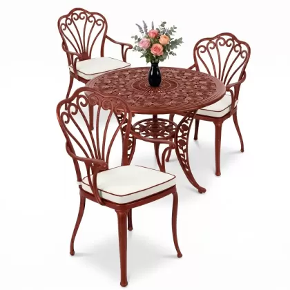 3 kişilik yuvarlak ferforje masa döküm tavuskuşu motifli sandalye takımı kiremit kırmızı