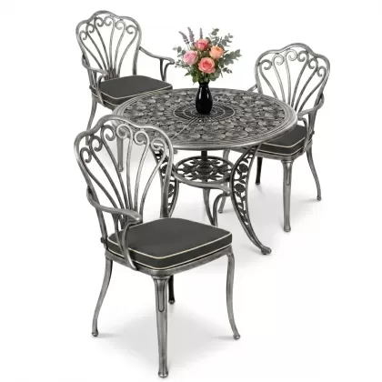 3 kişilik yuvarlak ferforje masa döküm tavuskuşu motifli sandalye takımı silver gümüş
