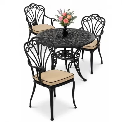 3 kişilik yuvarlak ferforje masa döküm tavuskuşu motifli sandalye takımı siyah