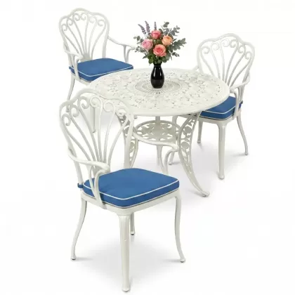 3 kişilik yuvarlak ferforje masa döküm tavuskuşu motifli sandalye takımı beyaz