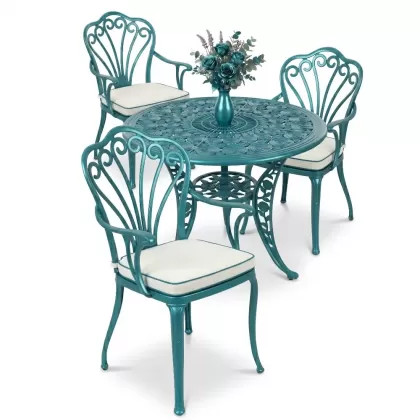 3 kişilik yuvarlak ferforje masa döküm tavuskuşu motifli sandalye takımı turkuaz