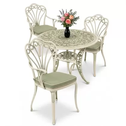 3 kişilik yuvarlak ferforje masa döküm tavuskuşu motifli sandalye takımı yeşil beyaz patina