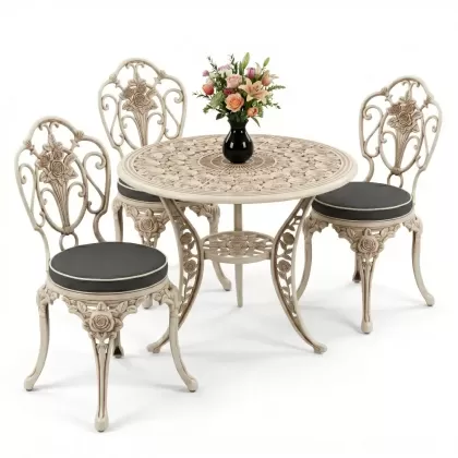 Gül motifli 3kişilik ferforje sandalye alüminyum döküm yuvarlak masa takımı beyaz eskitme