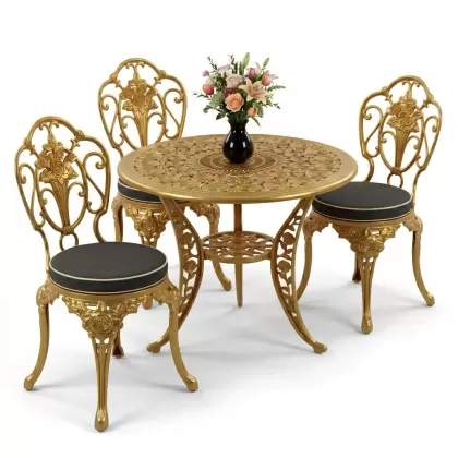 Gül motifli 3kişilik ferforje sandalye alüminyum döküm yuvarlak masa takımı gold altın