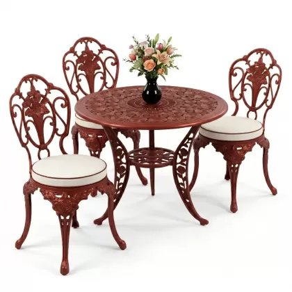 Gül motifli 3kişilik ferforje sandalye alüminyum döküm yuvarlak masa takımı kiremit kırmızı