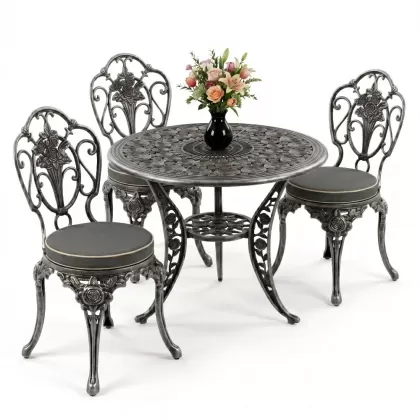 Gül motifli 3kişilik ferforje sandalye alüminyum döküm yuvarlak masa takımı gold gümüş