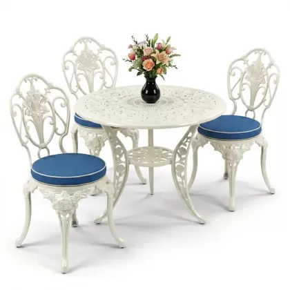 Gül motifli 3kişilik ferforje sandalye alüminyum döküm yuvarlak masa takımı beyaz
