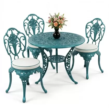 Gül motifli 3kişilik ferforje sandalye alüminyum döküm yuvarlak masa takımı turkuaz