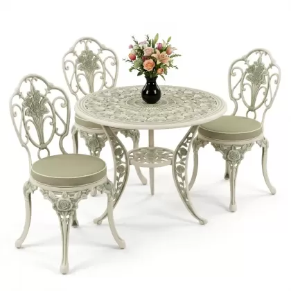 Gül motifli 3kişilik ferforje sandalye alüminyum döküm yuvarlak masa takımı beyaz yeşil patina