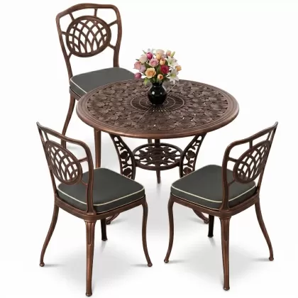 Ay motifli ferforje 3 kişilik sandalye yuvarlak alüminyum döküm masa takımı bakır eskitme