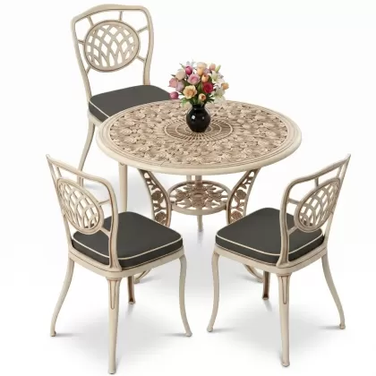 Ay motifli ferforje 3 kişilik sandalye yuvarlak alüminyum döküm masa takımı beyaz eskitme