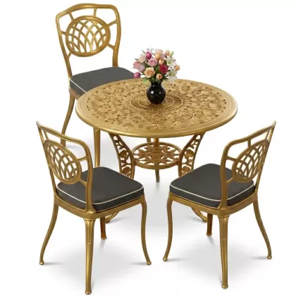 Ay motifli ferforje 3 kişilik sandalye yuvarlak alüminyum döküm masa takımı altın gold