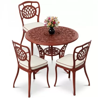 Ay motifli ferforje 3 kişilik sandalye yuvarlak alüminyum döküm masa takımı kiremit kırmızı