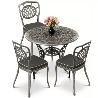 Ay motifli ferforje 3 kişilik sandalye yuvarlak alüminyum döküm masa takımı silver gümüş