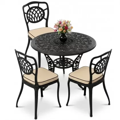 Ay motifli ferforje 3 kişilik sandalye yuvarlak alüminyum döküm masa takımı siyah