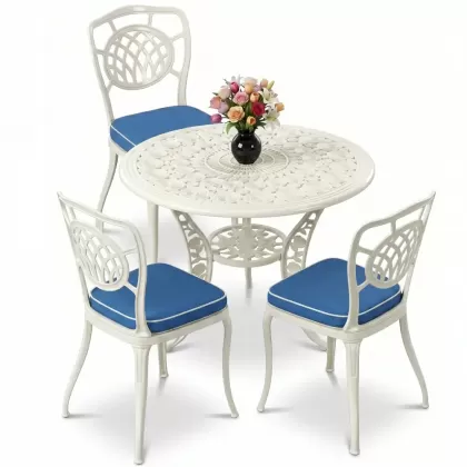 Ay motifli ferforje 3 kişilik sandalye yuvarlak alüminyum döküm masa takımı beyaz
