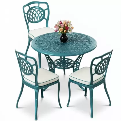 Ay motifli ferforje 3 kişilik sandalye yuvarlak alüminyum döküm masa takımı turkuaz
