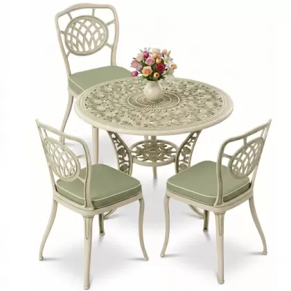 Ay motifli ferforje 3 kişilik sandalye yuvarlak alüminyum döküm masa takımı beyaz yeşil patina