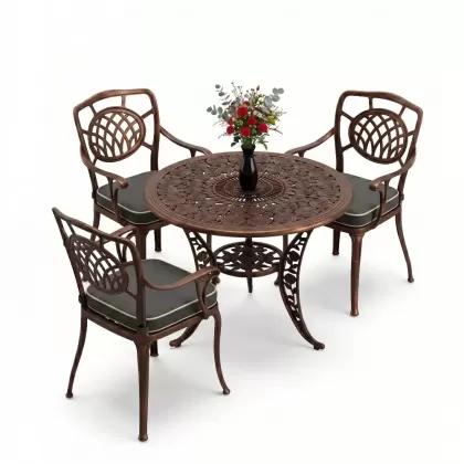 Kollu ay motifli 3 kişilik ferforje sandalye alüminyum döküm yuvarlak masa takımı bakır eskitme