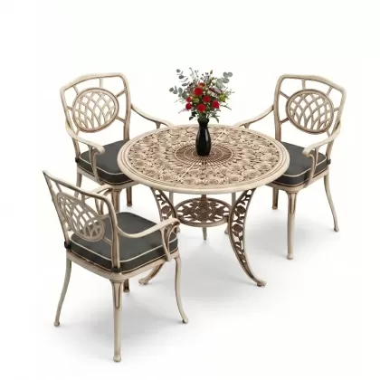 Kollu ay motifli 3 kişilik ferforje sandalye alüminyum döküm yuvarlak masa takımı beyaz eskitme