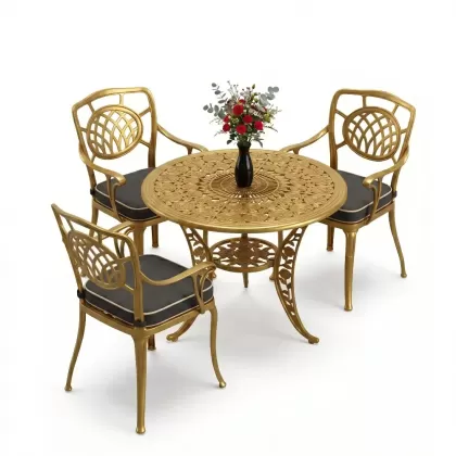 Kollu ay motifli 3 kişilik ferforje sandalye alüminyum döküm yuvarlak masa takımı altın gold
