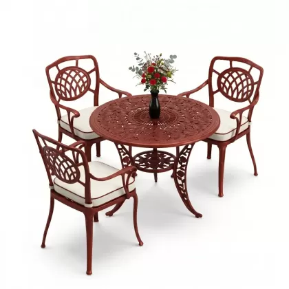 Kollu ay motifli 3 kişilik ferforje sandalye alüminyum döküm yuvarlak masa takımı kiremit kırmızı