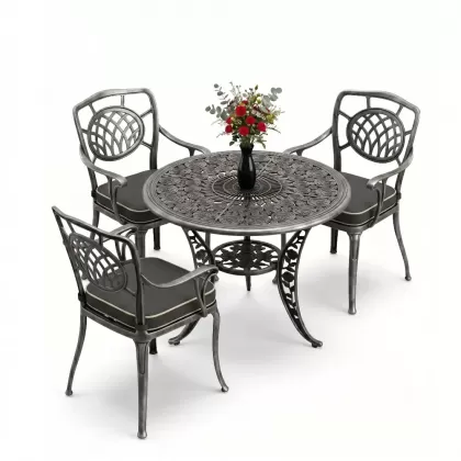 Kollu ay motifli 3 kişilik ferforje sandalye alüminyum döküm yuvarlak masa takımı silver gümüş