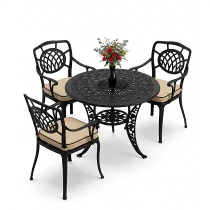 Kollu ay motifli 3 kişilik ferforje sandalye alüminyum döküm yuvarlak masa takımı siyah