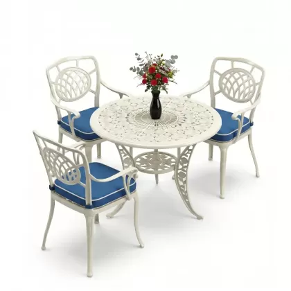 Kollu ay motifli 3 kişilik ferforje sandalye alüminyum döküm yuvarlak masa takımı beyaz