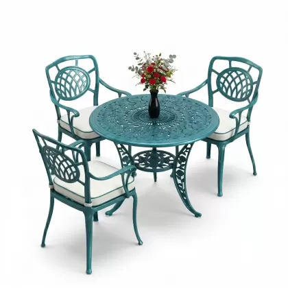 Kollu ay motifli 3 kişilik ferforje sandalye alüminyum döküm yuvarlak masa takımı turkuaz
