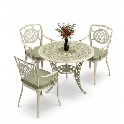 Kollu ay motifli 3 kişilik ferforje sandalye alüminyum döküm yuvarlak masa takımı yeşil beyaz patina