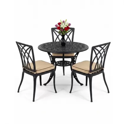 3 kişilik modern kolsuzalüminyum döküm 2 kişilik sandalye ferforje yuvarlak masa takımı siyah