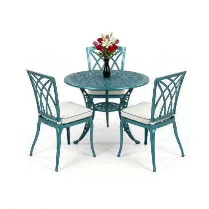 3 kişilik modern kolsuzalüminyum döküm 2 kişilik sandalye ferforje yuvarlak masa takımı turkuaz