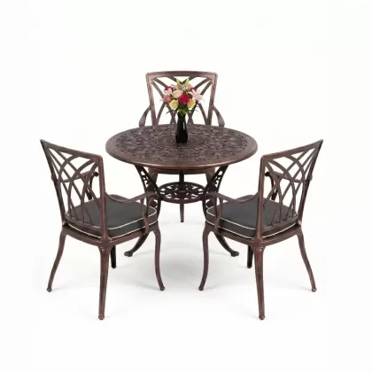 3 kişilik yuvarlak masa döküm alüminyum masa seti bakır eskitme