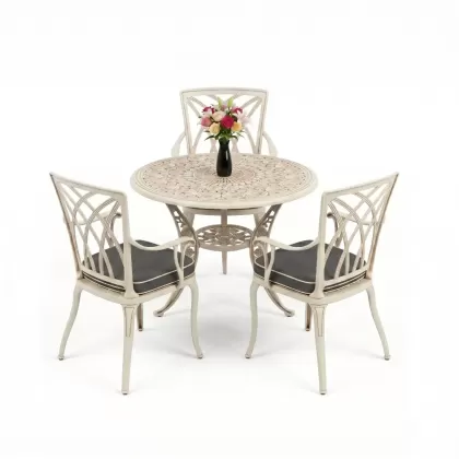 3 kişilik yuvarlak masa döküm alüminyum masa seti beyaz eskitme