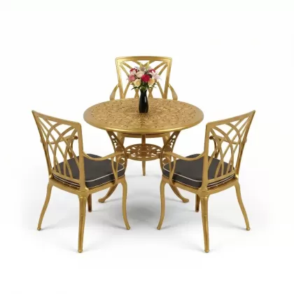 3 kişilik yuvarlak masa döküm alüminyum masa seti gold altın