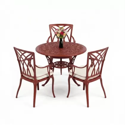 3 kişilik yuvarlak masa döküm alüminyum masa seti kırmızı kiremit