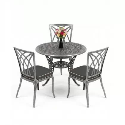 3 kişilik yuvarlak masa döküm alüminyum masa seti gümüş silver