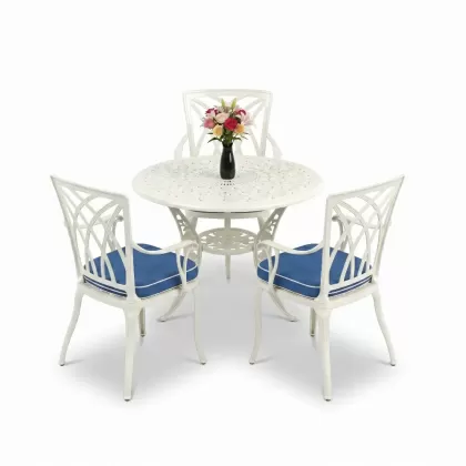 3 kişilik yuvarlak masa döküm alüminyum masa seti beyaz