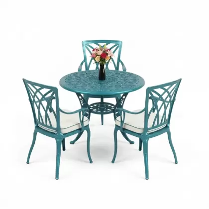 3 kişilik yuvarlak masa döküm alüminyum masa seti turkuaz